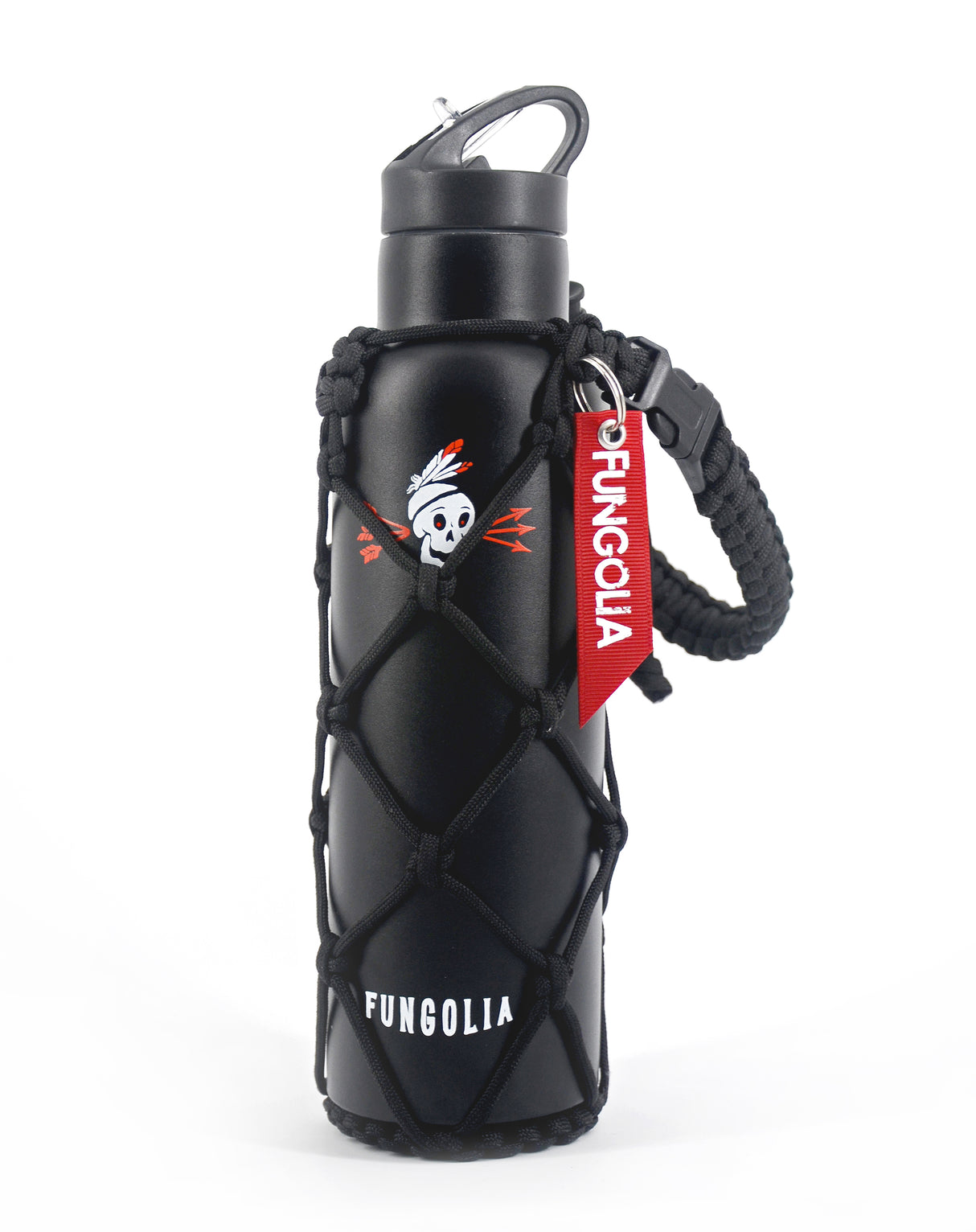 <zza>Fungolia 21オンス 二重壁断熱ステンレススチールウォーターボトル パラコードホルダー付き (ブラック) </zza>