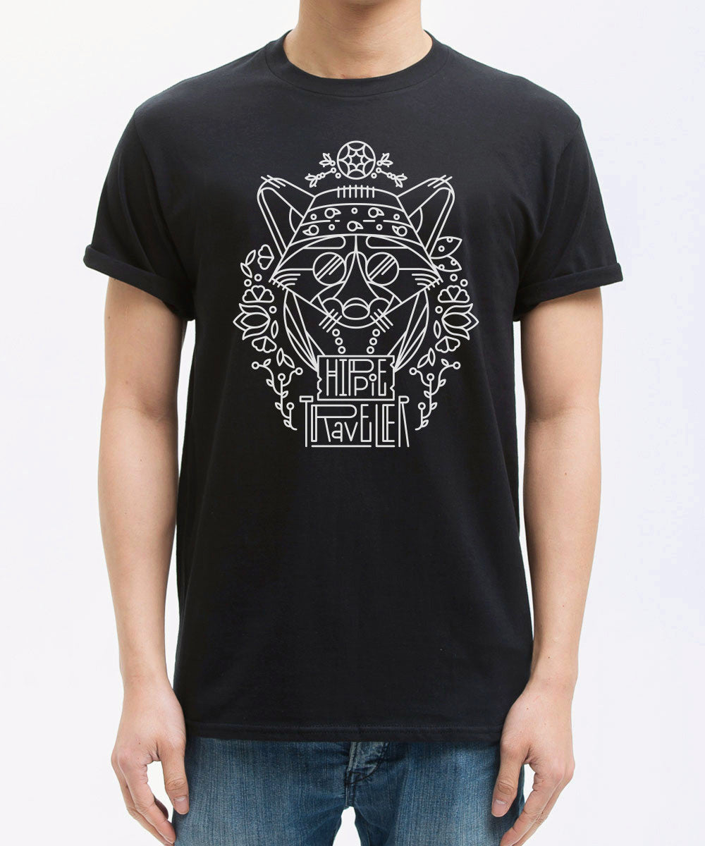<p023>トラベルアニマルTシャツ - ヒッピーフォックス（ブラック）</p023>