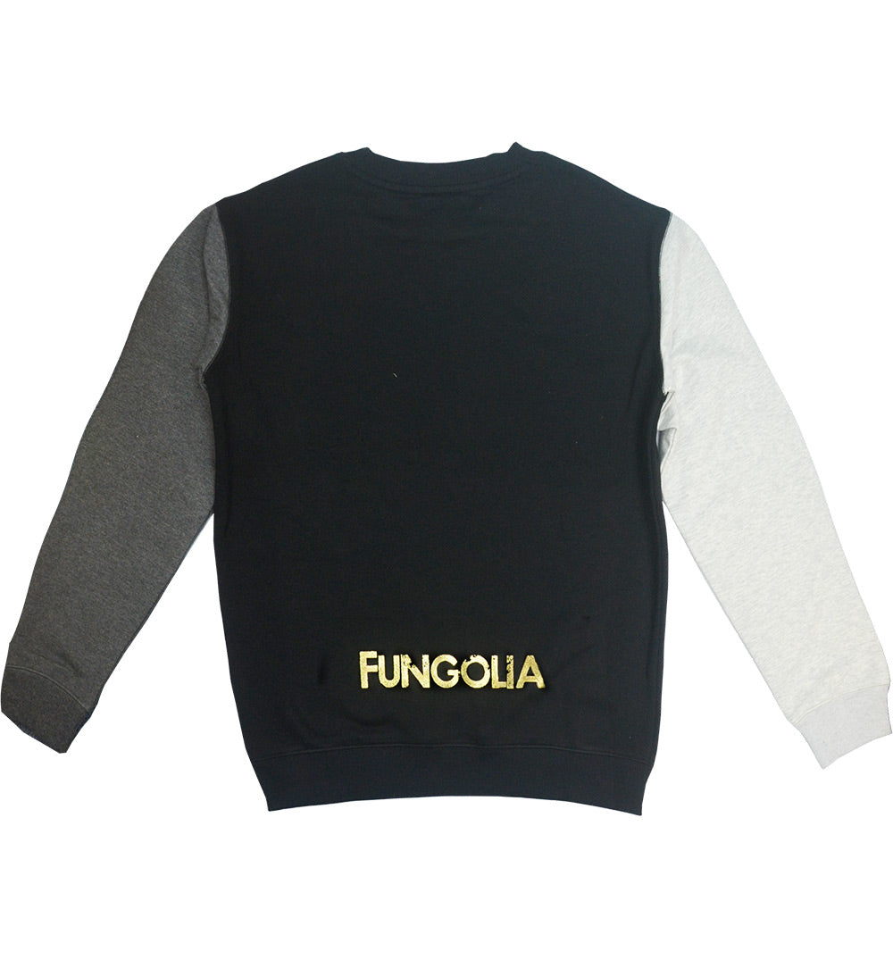 <a>Fungolia フリース クルーネック スウェットシャツ - スモールフェザー（ブラック、ミックススリーブ）</a>