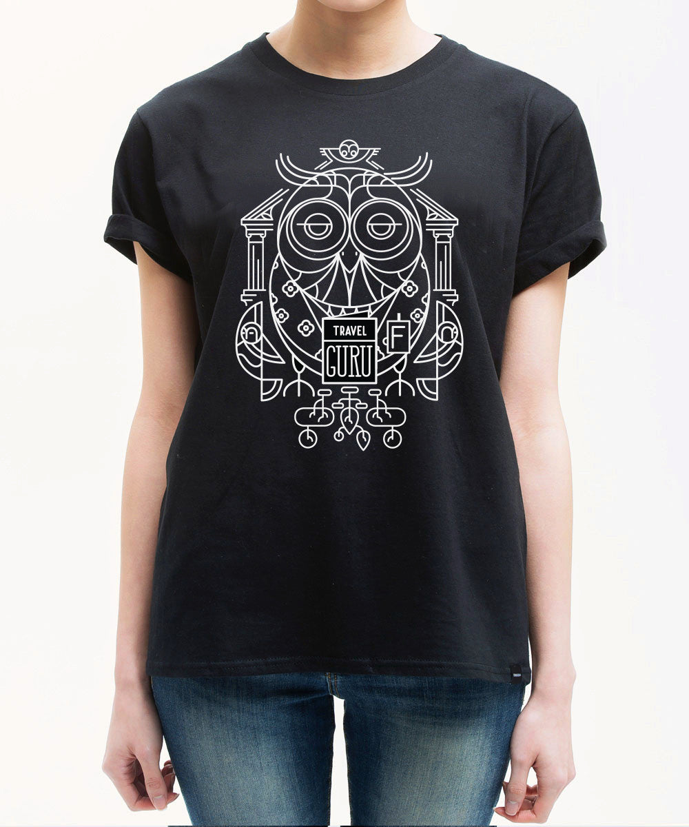 <p021>トラベルアニマルTシャツ - フクロウのトラベルグル（ブラック） </p021>