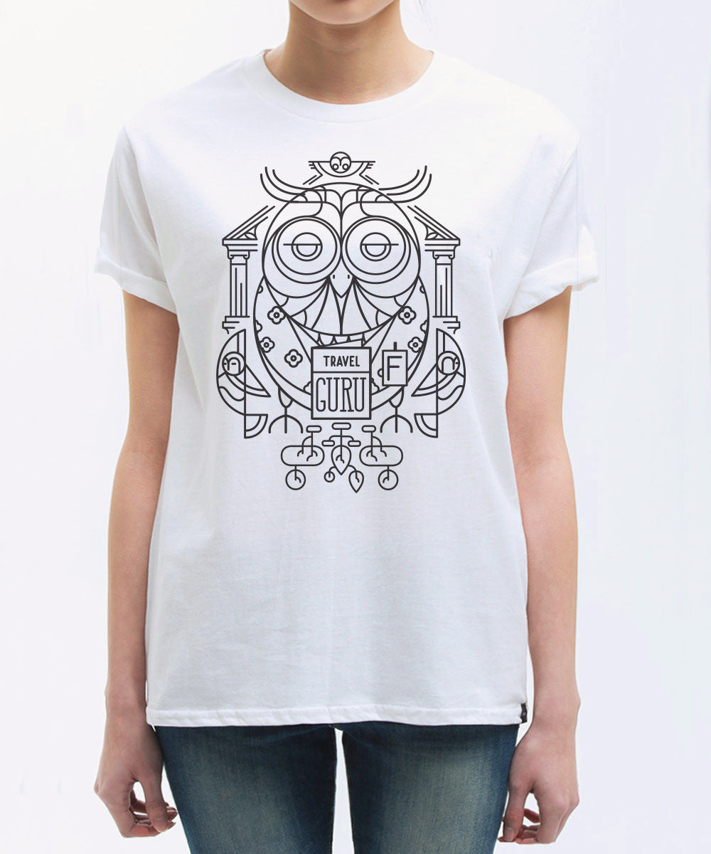 <p020>トラベルアニマルTシャツ - フクロウのトラベルグル（ホワイト）</p020>