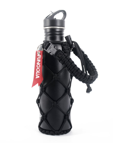 <zza>Fungolia 27 盎司非絕緣不銹鋼水瓶，帶傘繩支架（黑色） </zza>