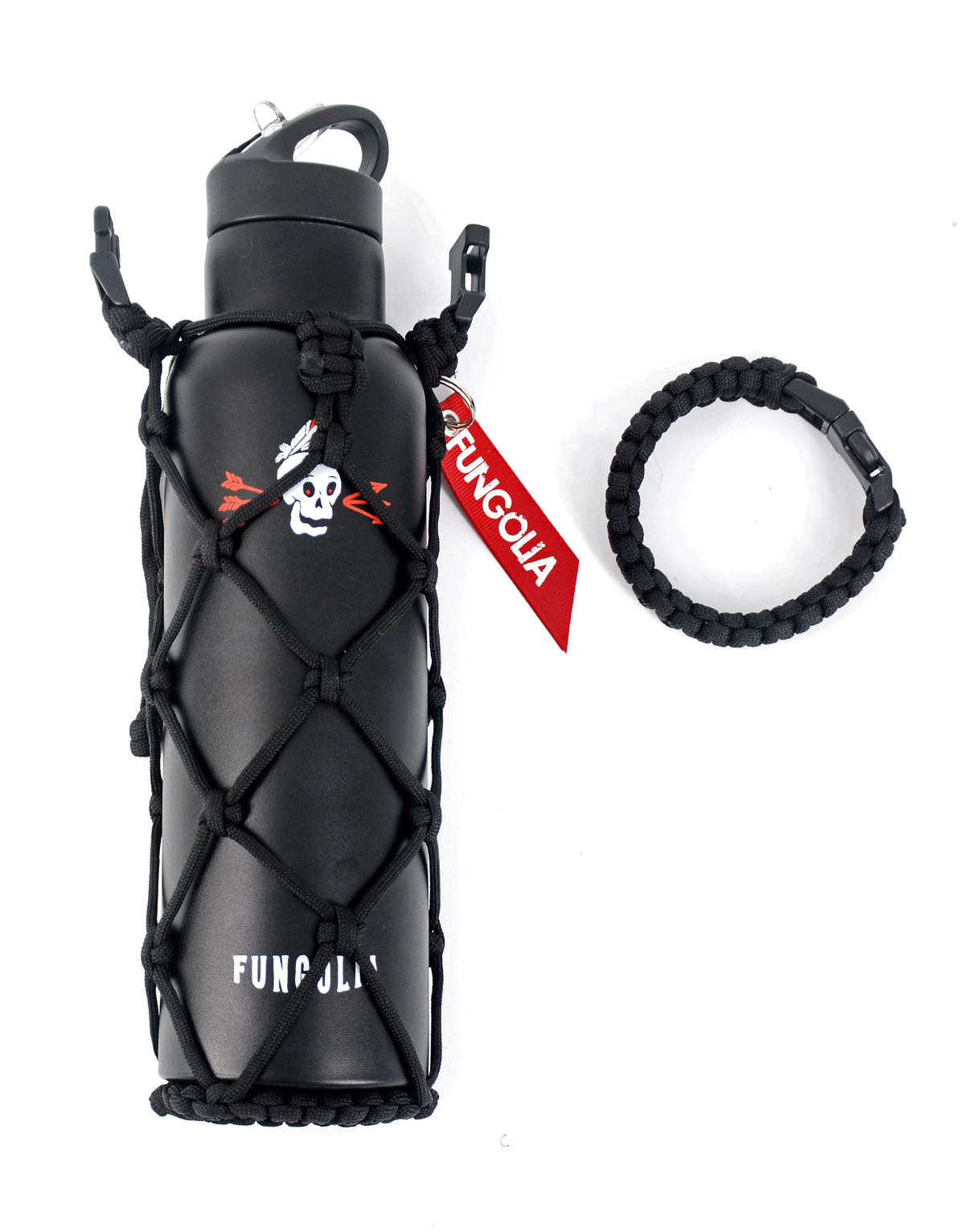 <zza>Fungolia 21オンス 二重壁断熱ステンレススチールウォーターボトル パラコードホルダー付き (ブラック) </zza>