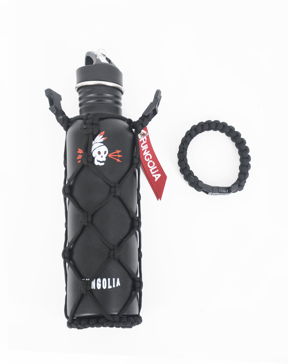 <zza>Fungolia 27オンス 非断熱ステンレススチールウォーターボトル（パラコードホルダー付き）（ブラック） </zza>