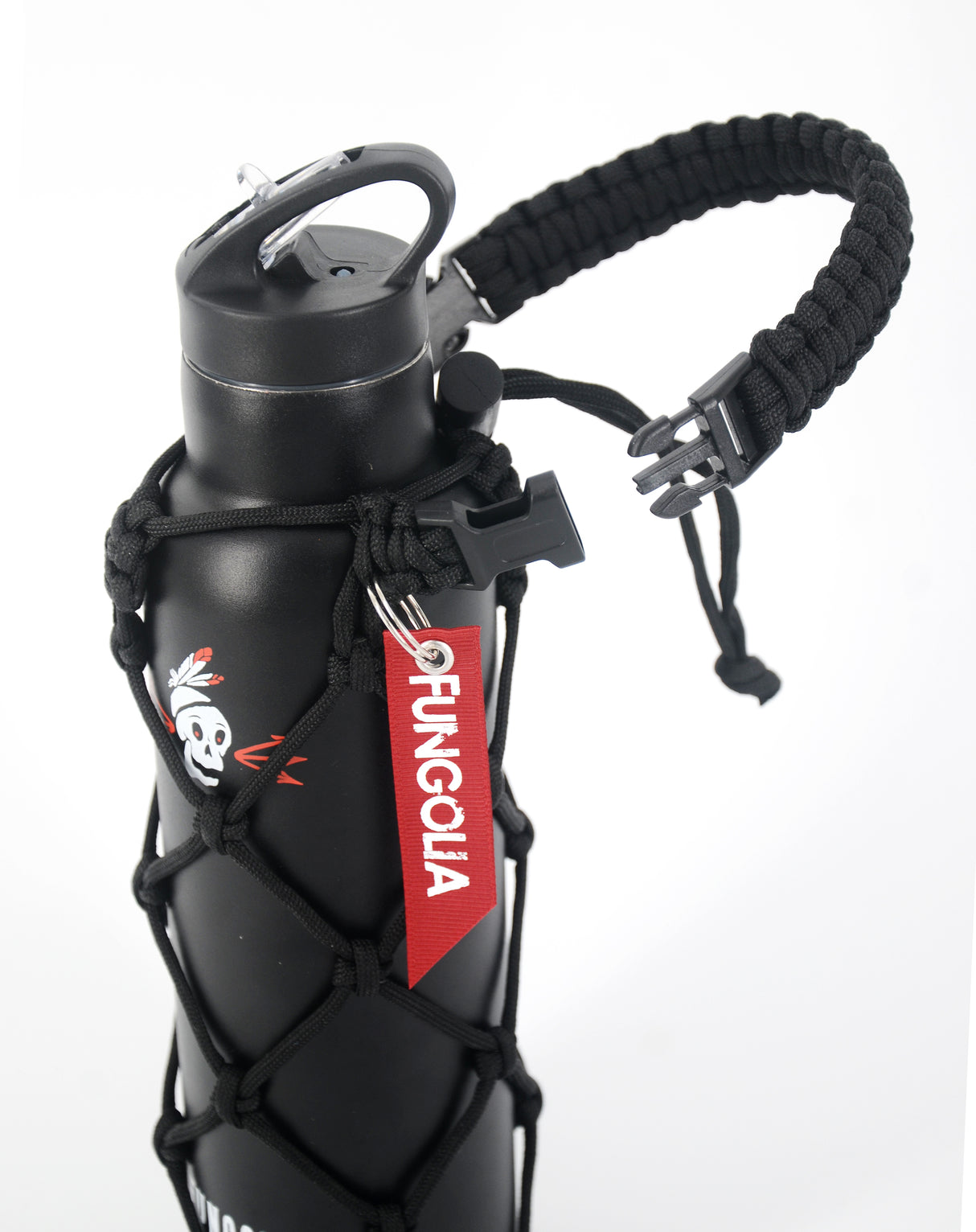 <zza>Fungolia 21オンス 二重壁断熱ステンレススチールウォーターボトル パラコードホルダー付き (ブラック) </zza>