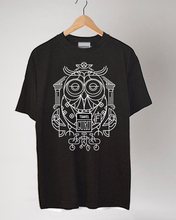 <p021>トラベルアニマルTシャツ - フクロウのトラベルグル（ブラック） </p021>